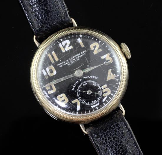 A 9ct gold-cased Land & Water manual wind trench watch, retailed by Birch & Gaydon Ltd, Fenchurch Street, London,